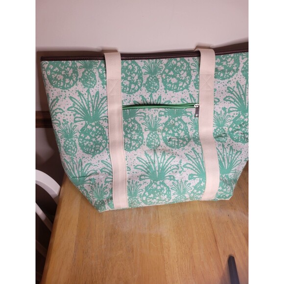 Bahamas Big ZIPPER, Embroidered CANVAS TOTE BEACH BAG. Teal And White - Picture 3 of 7